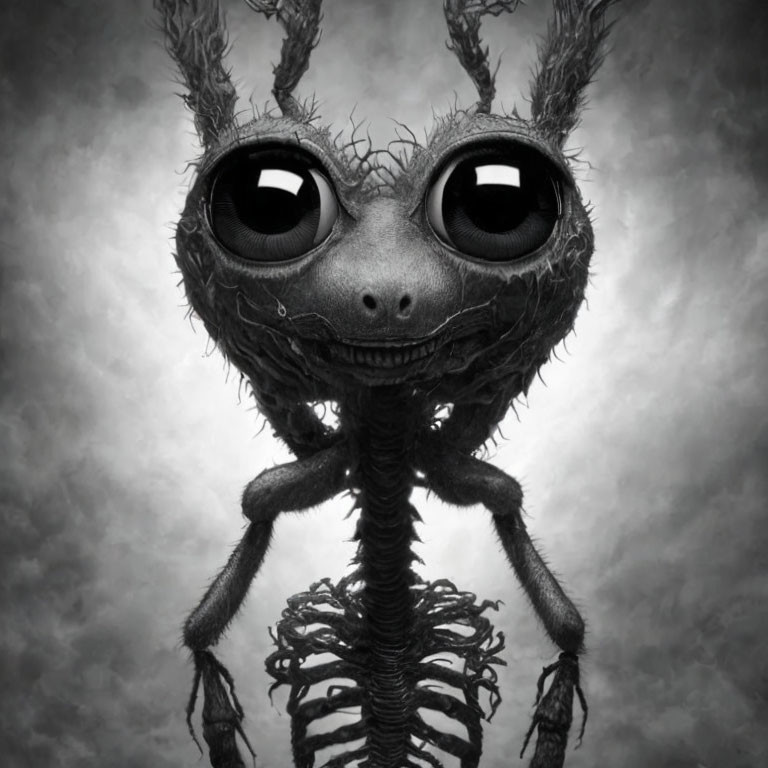 Monochrome whimsical creature with glossy eyes and skeletal body