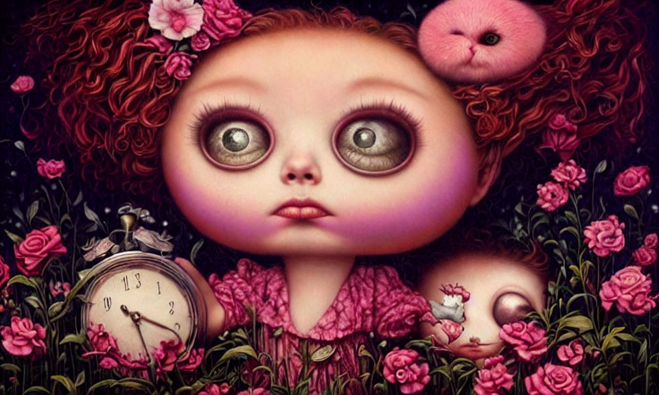 Surreal girl with large eyes, roses, clock, and whimsical creature illustration