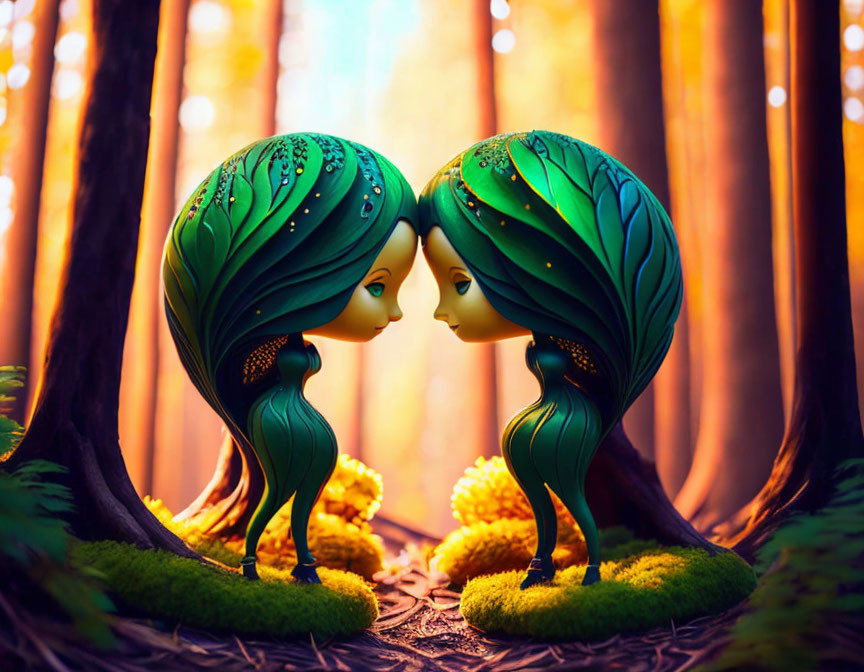 Stylized figures with leaf-shaped heads in mystical forest embrace peacefully