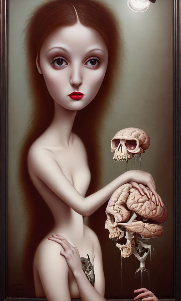 Surreal painting of pale woman with large eyes holding human brain and skull with candles, butterfly on