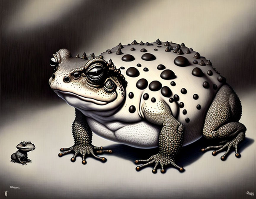 Detailed illustration of large and small toads on soft-focus surface