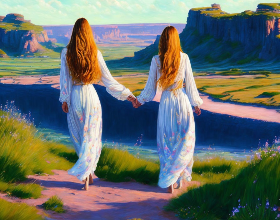 Two women in white dresses walking towards a canyon under blue sky