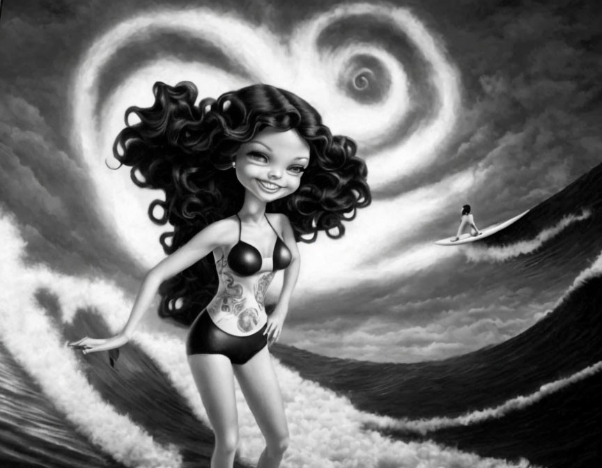 Stylized woman and surfer in grayscale illustration with swirling clouds