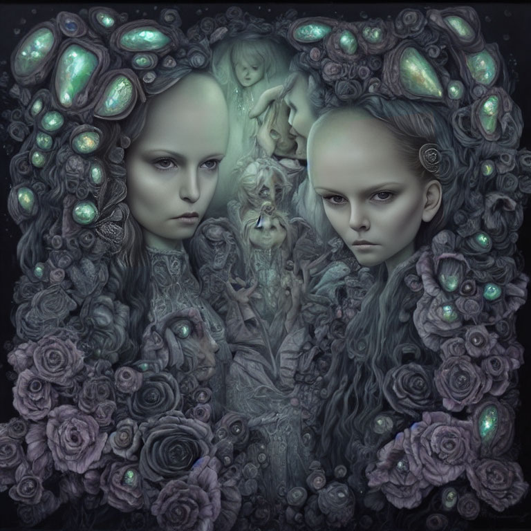 Dark surreal artwork: Pale figures with floral and jewel-like hair embellishments surrounded by ethereal faces and