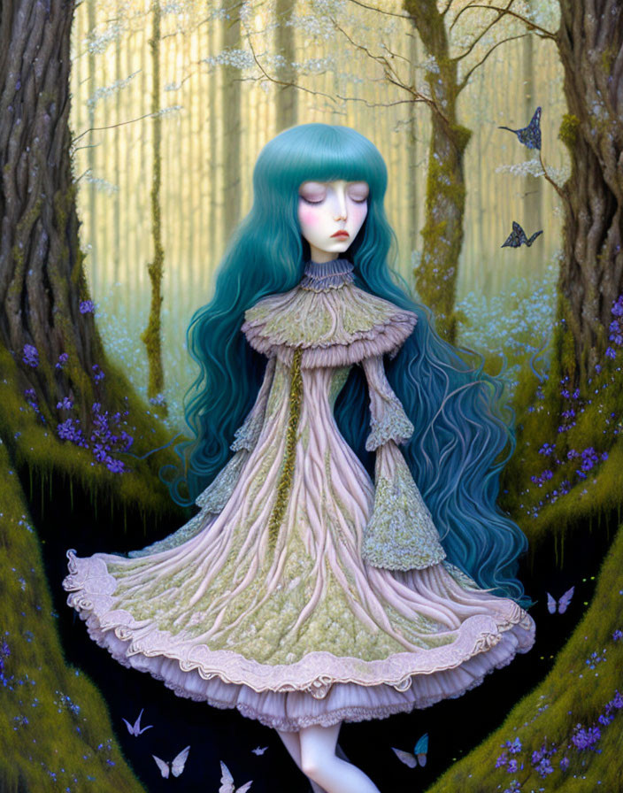 Illustration of doll-like figure in aqua blue hair and Victorian dress in mystical forest with butterflies