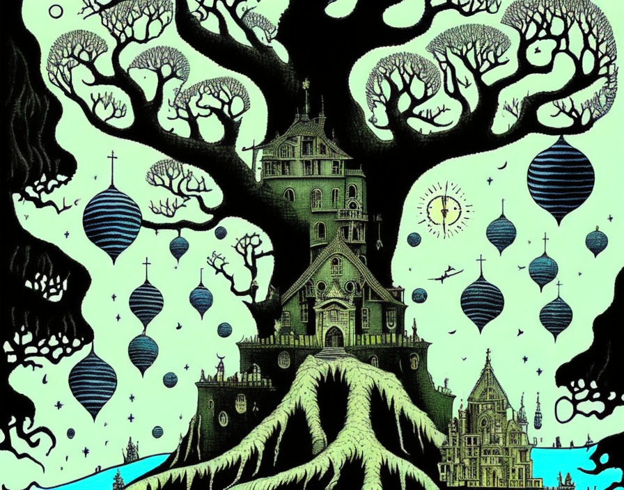 Detailed Illustration of Large Tree with House, Orbs, and Building