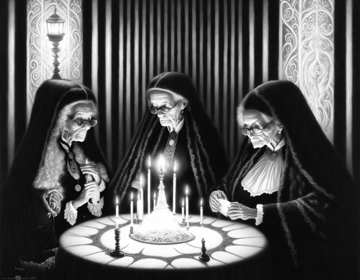 Elderly women with braided hair and glasses sitting around a candlelit table