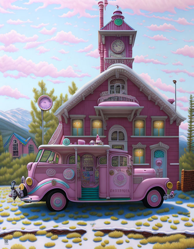 Illustration: Pink ice cream truck by purple clock tower, surreal landscape