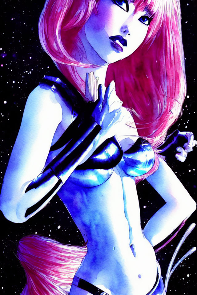 Stylized illustration of woman with pink hair in futuristic outfit