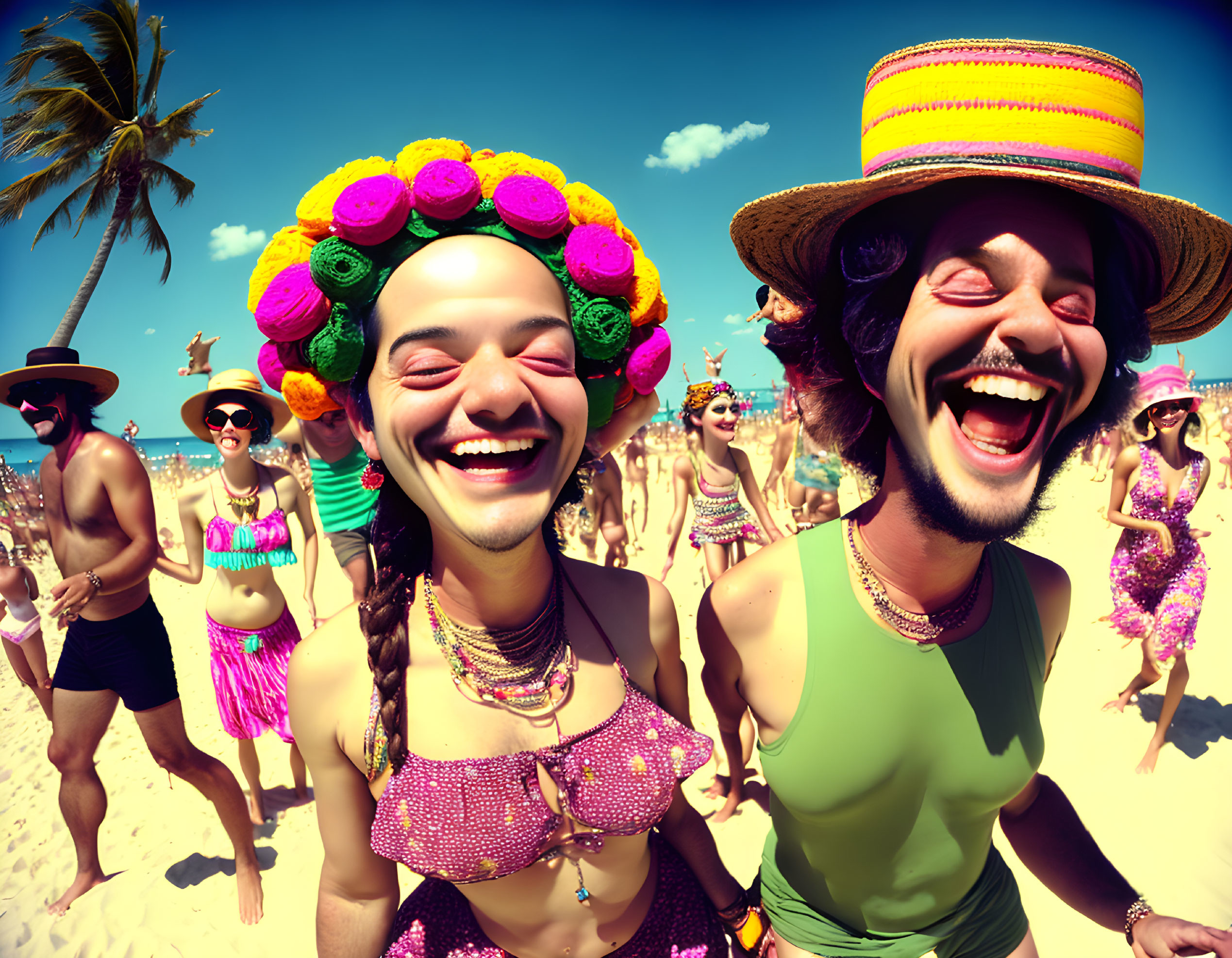 Colorful Outfits: Joyful Beach Party Crowd Laughing