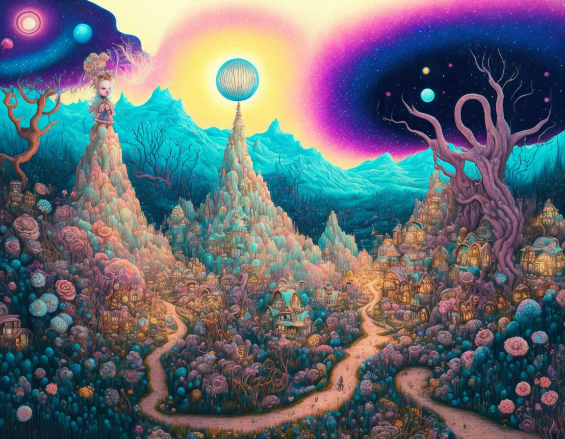 Colorful fantasy landscape with whimsical trees and unique structures under a celestial sky