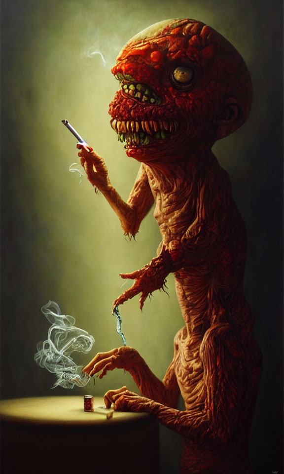 Surreal red-skinned creature with exposed brain and cigarette by table