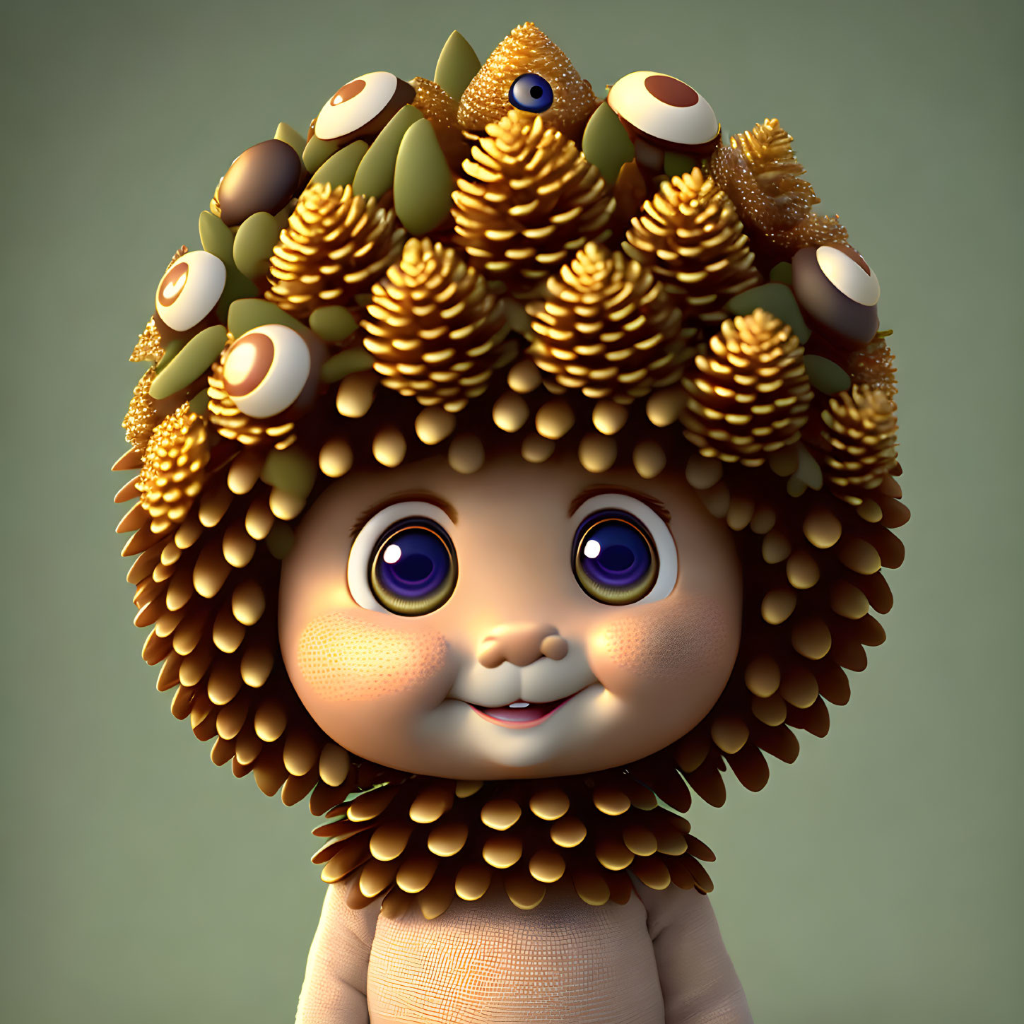 Whimsical 3D character with big purple eyes and acorn & leaf hair.