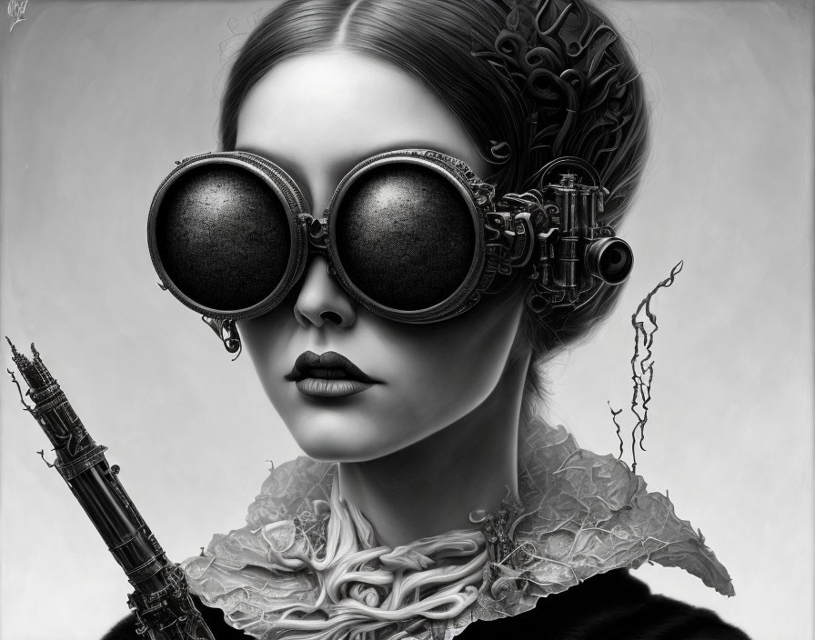 Monochrome image of woman in Victorian attire with steampunk goggles