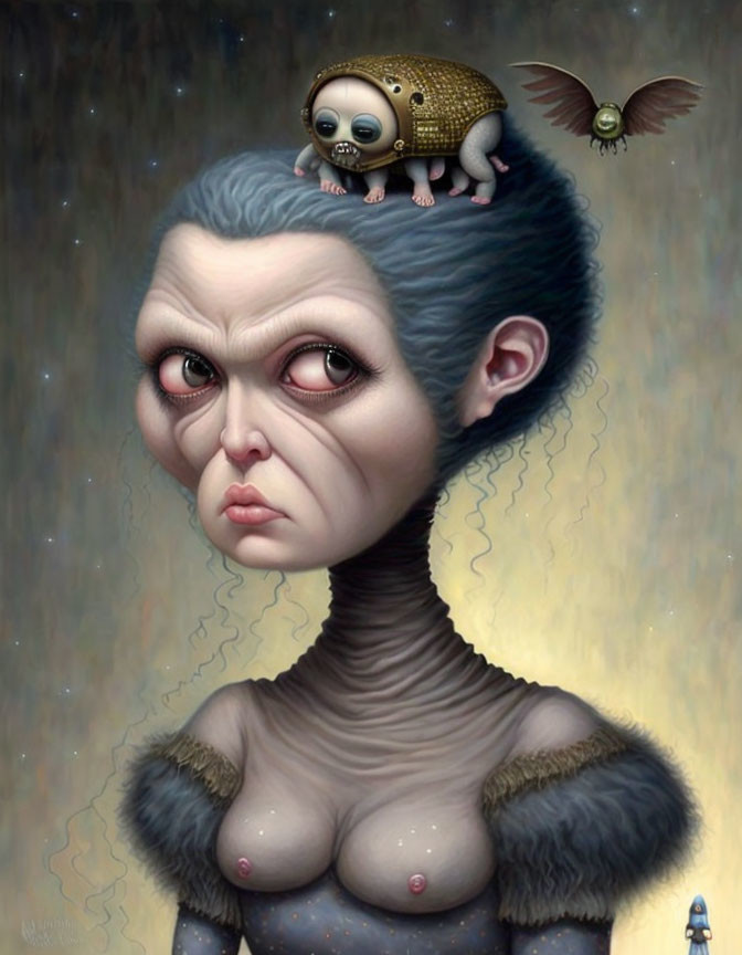 Blue-skinned humanoid portrait with expressive eyes and small creature, surrounded by flying mechanical insects.