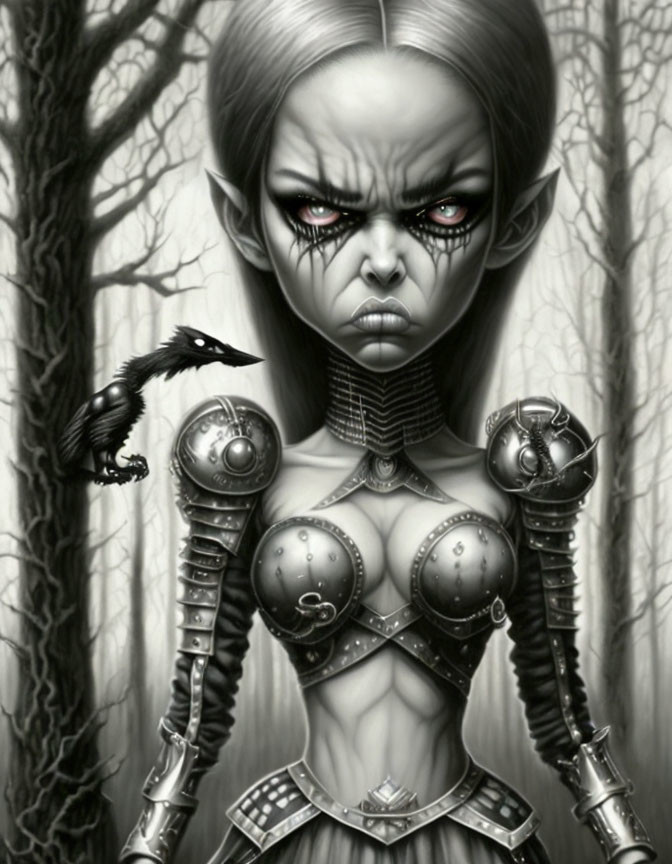 Monochrome fantasy artwork of armored female elf with crow in forest