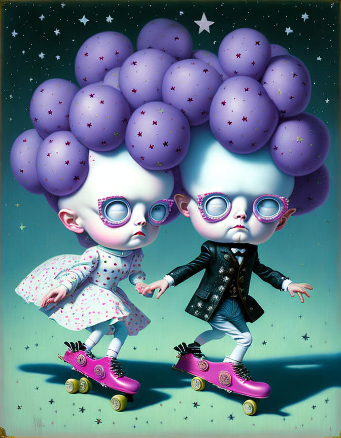 Surreal portrait of children with grape-like hair roller skating under starry sky