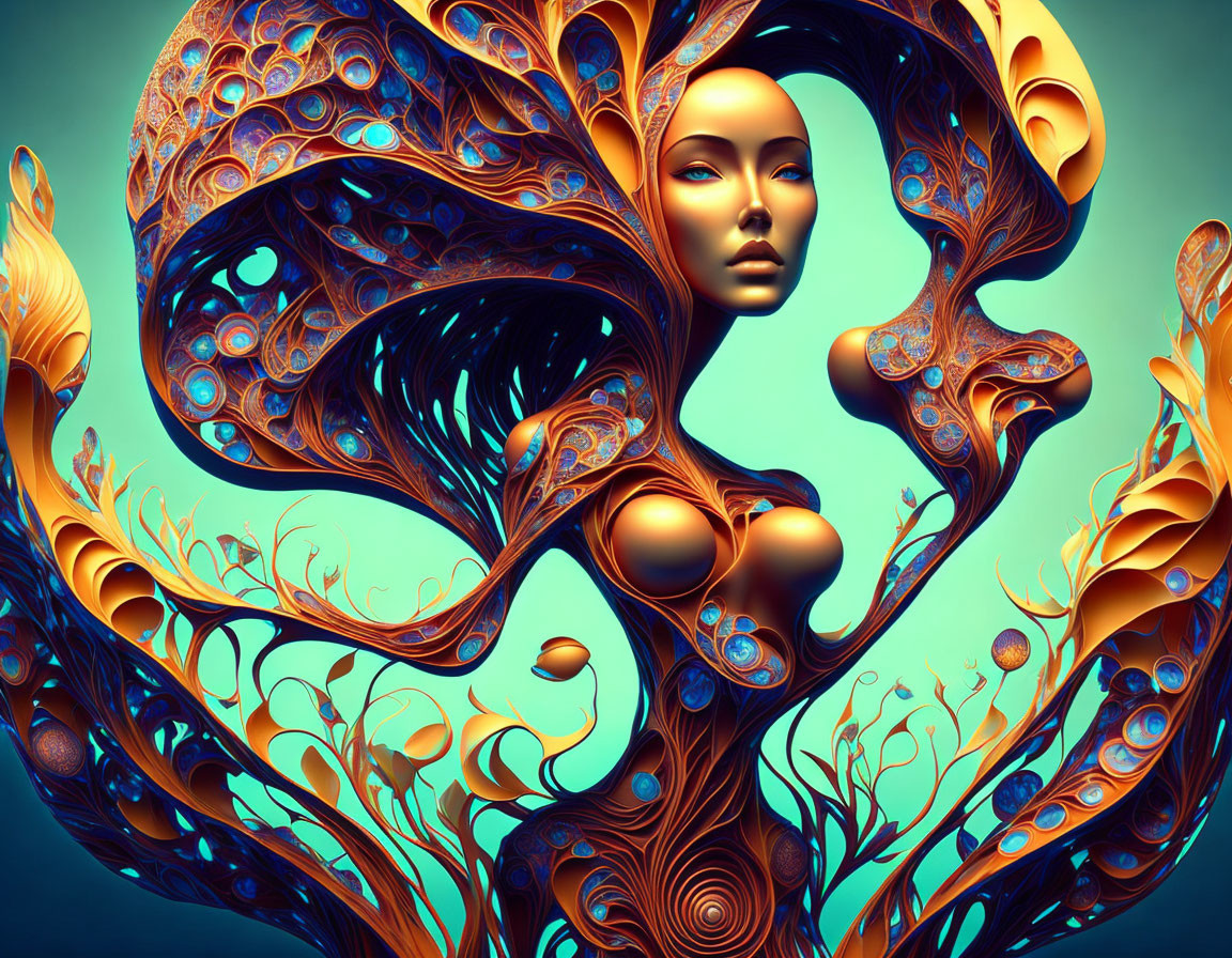 Surreal Female Face Artwork with Turquoise and Gold Organic Shapes