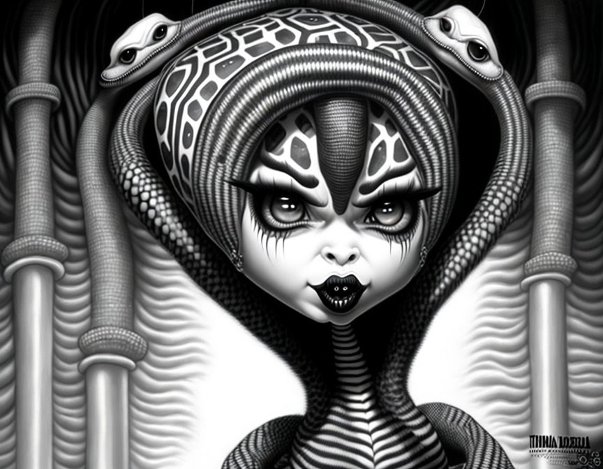 Monochrome fantasy illustration of snake-themed character.