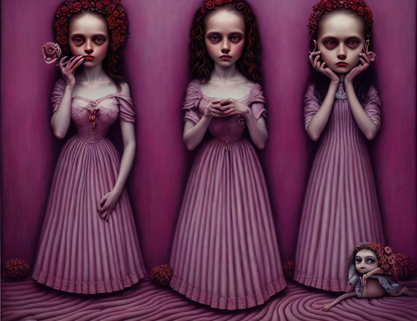 Eerie figures in vintage gowns with flower crowns and dark eyes