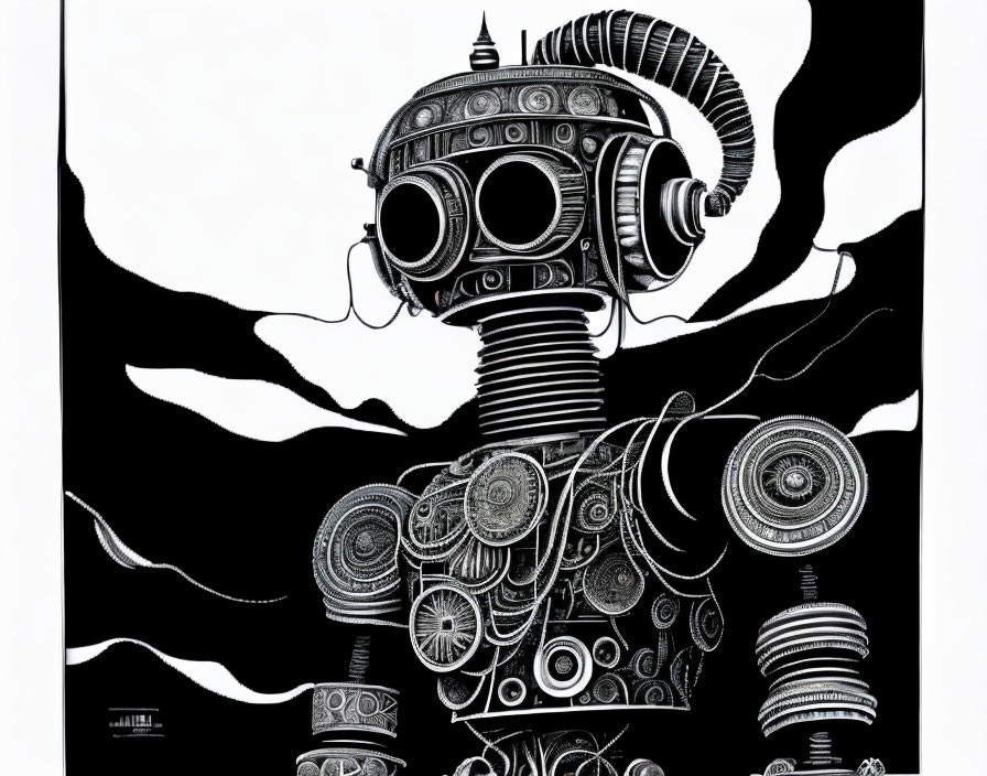 Detailed Monochrome Mechanical Robot Illustration with Gears and Patterns