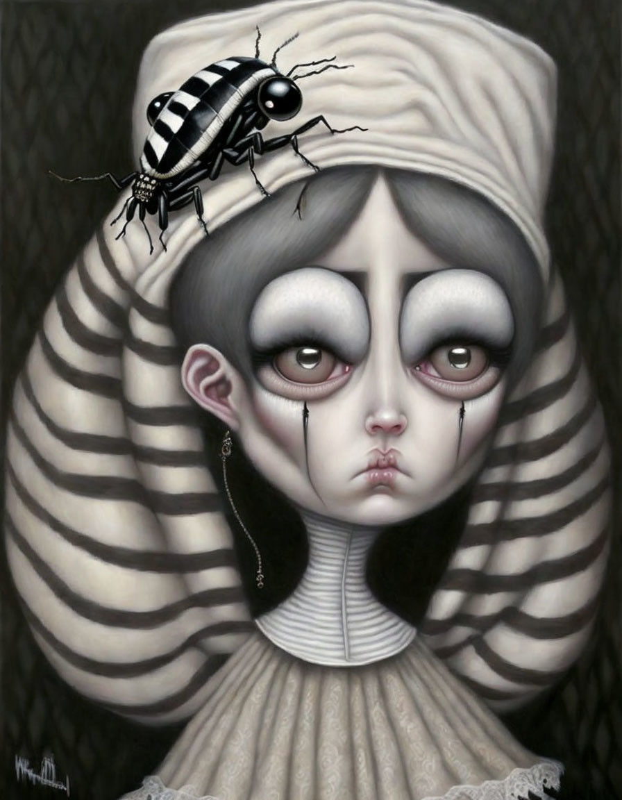 Surreal portrait of melancholic girl with striped sleeves and exaggerated eyes