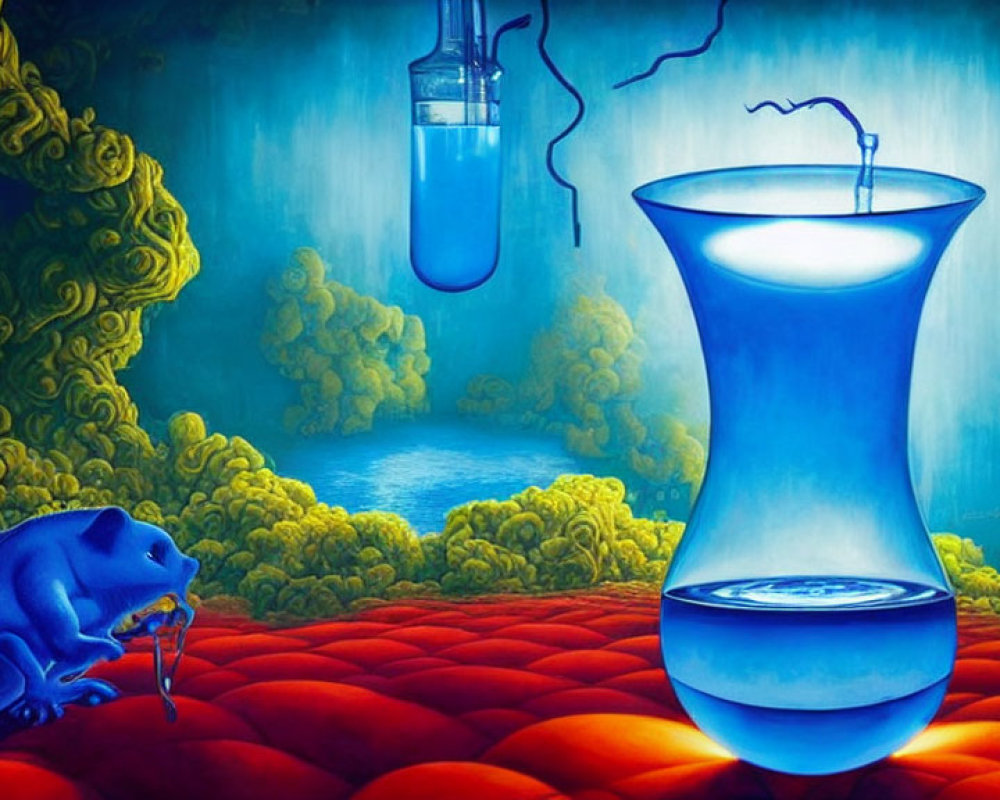 Colorful surreal artwork: Blue frog, vase, red surface, yellow coral, blue light