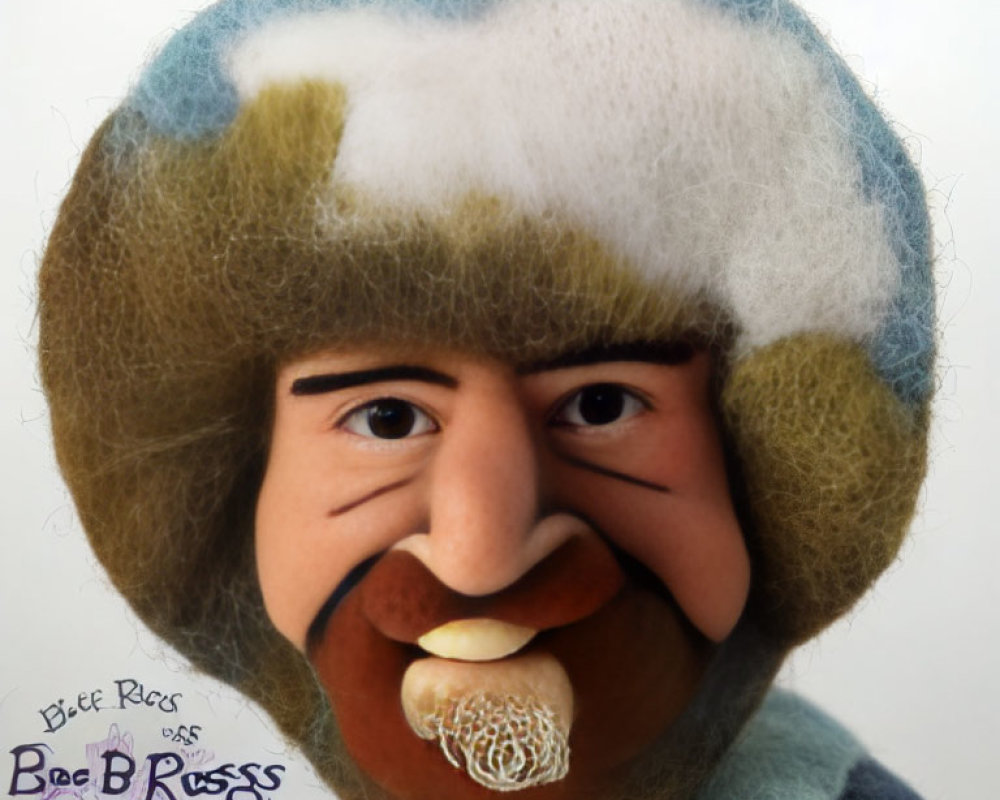 Felted wool doll with caricatured man's face and large mustache