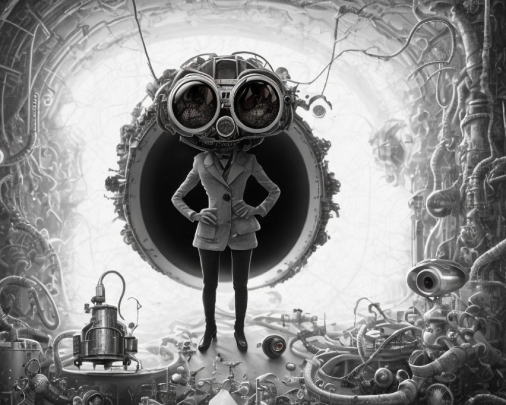 Monochrome steampunk-style illustration of person in jacket, thigh-high boots, and intricate goggles