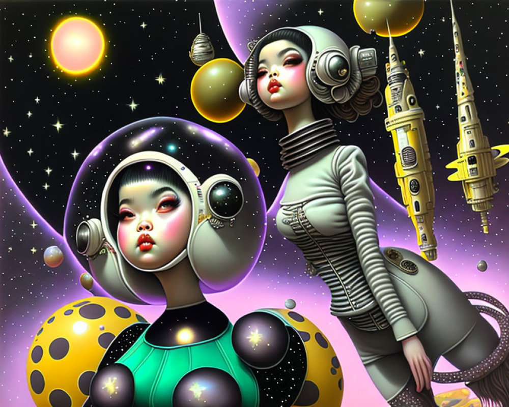 Stylized futuristic female figures with space helmets in cosmic setting