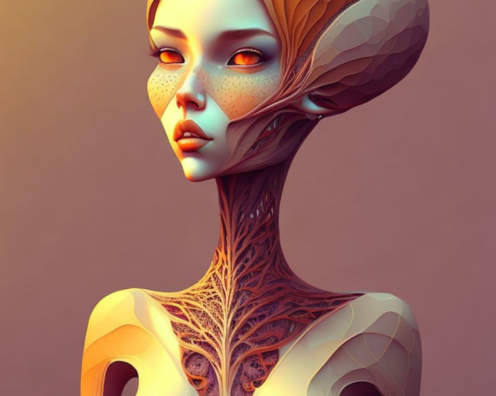 Digital portrait of female alien with elongated neck and large eyes on warm-toned backdrop