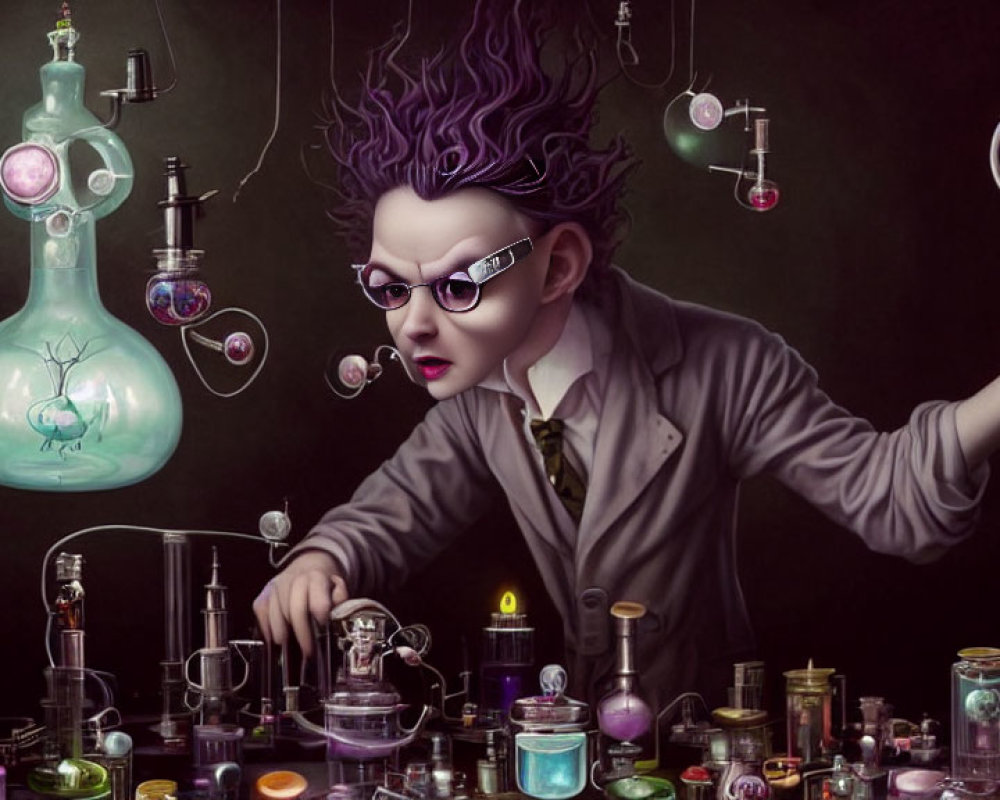 Person with Purple Hair and Glasses Conducts Experiments with Colorful Flasks and Beakers