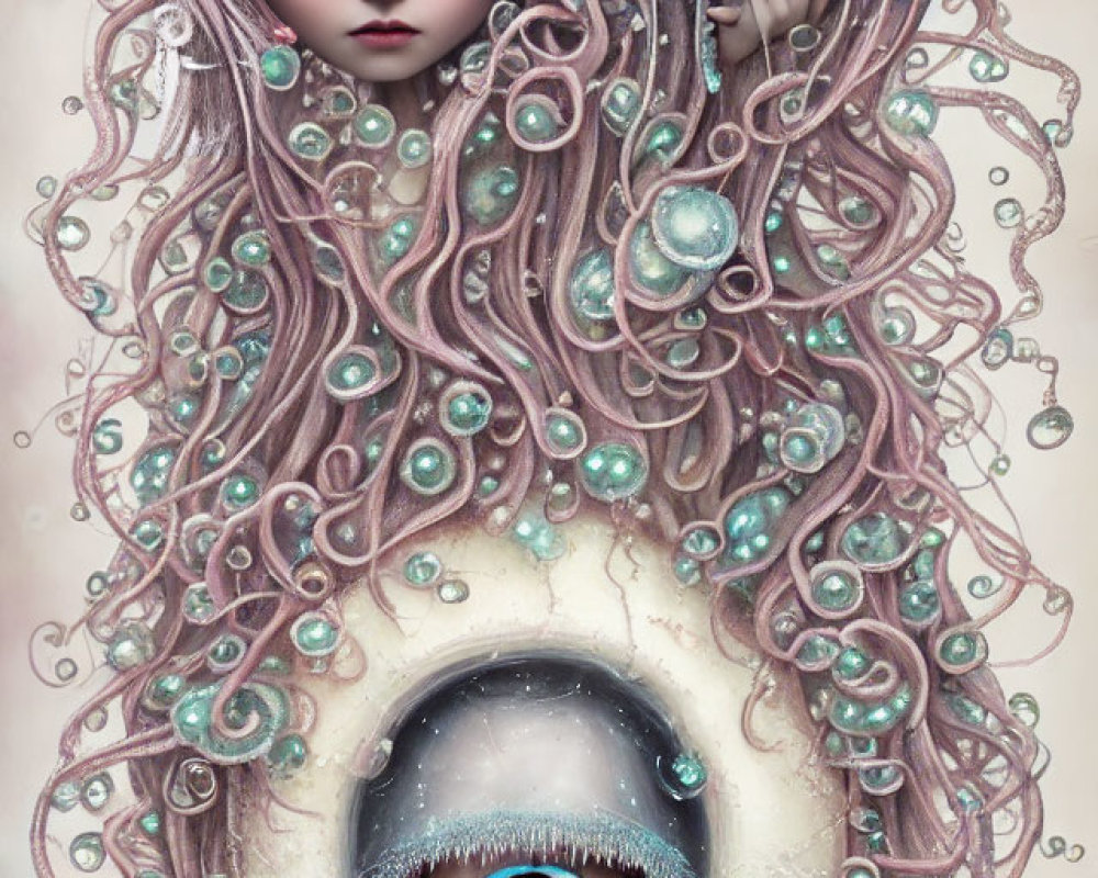 Surreal character with oversized eye and tentacle-like hair holding blue mushroom cap