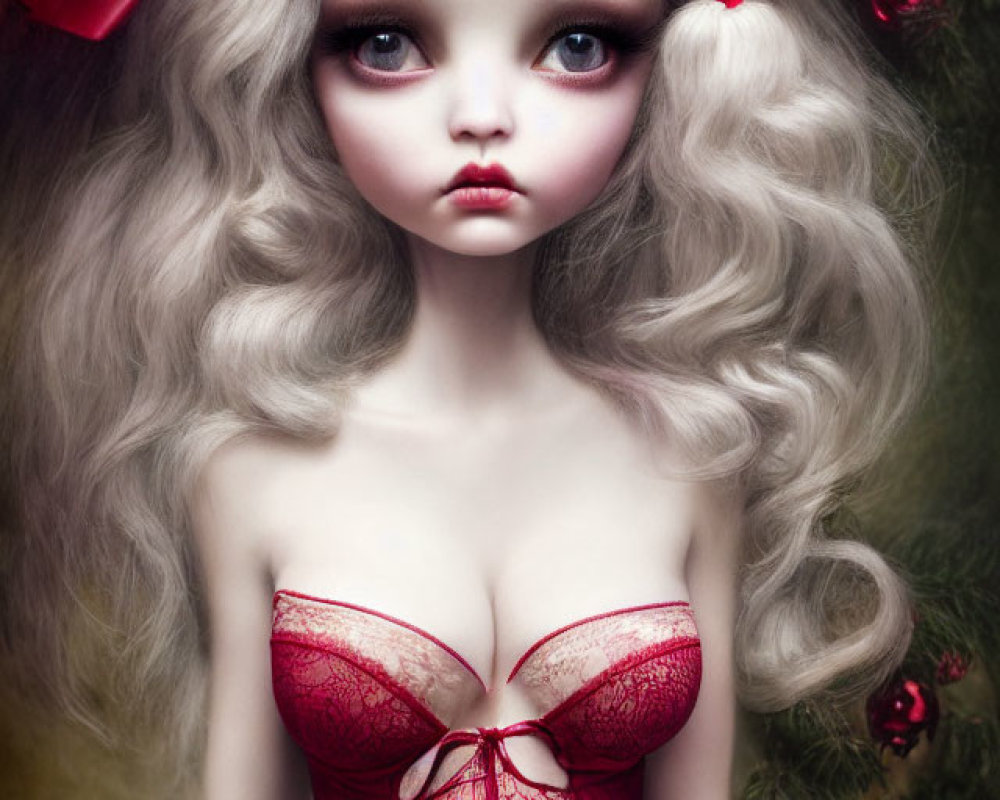 Doll with expressive eyes and curly hair in red bow and corset, with Christmas tree.