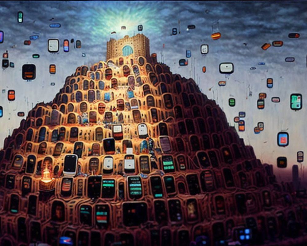 Surreal mountain of old & new cellphones with app icons in sky