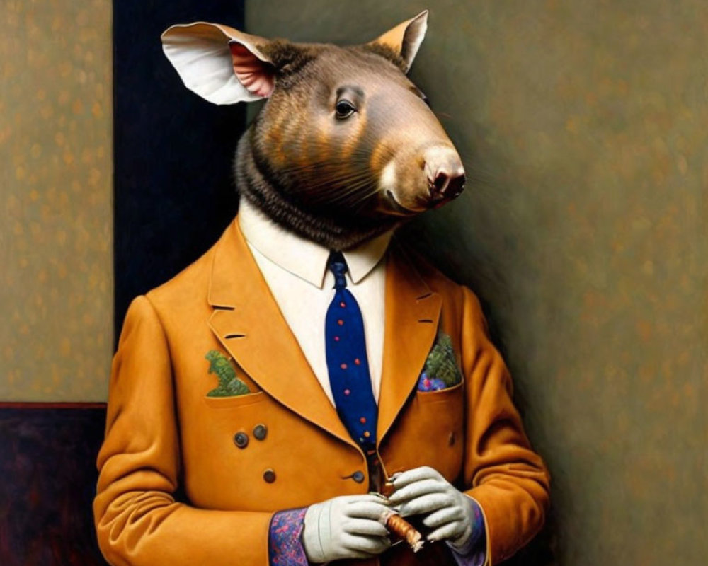 Anthropomorphic Tapir-Like Animal in Brown Suit Painting