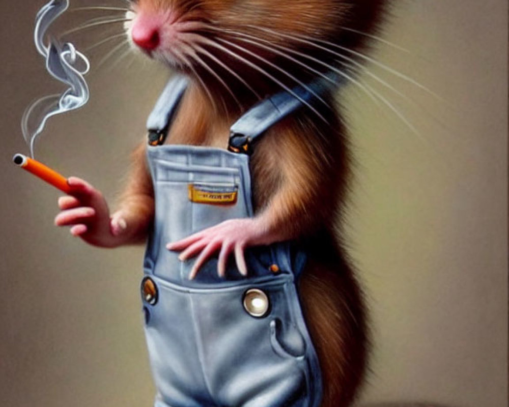 Anthropomorphic mouse in denim overalls with lit cigarette