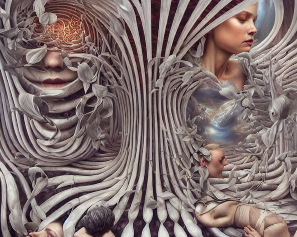 Surrealist artwork with female figures and flowing ribbon-like structures