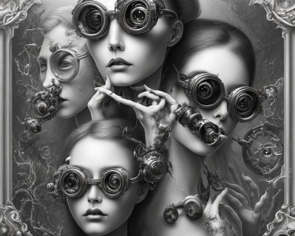 Monochromatic steampunk art with four females in mechanical goggles surrounded by floral and gear motifs