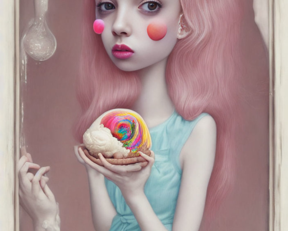 Colorful surreal painting of girl with pink hair and exaggerated eyes holding rainbow donut.