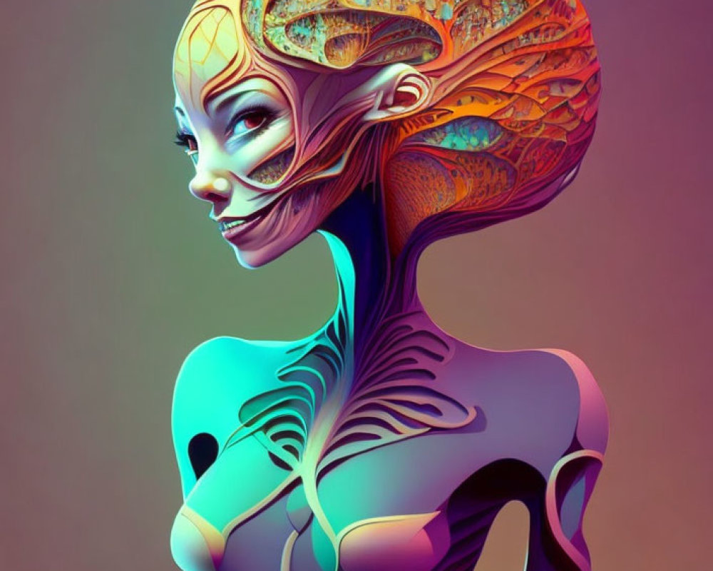 Vibrant digital artwork: stylized female figure with colorful brain and musculature