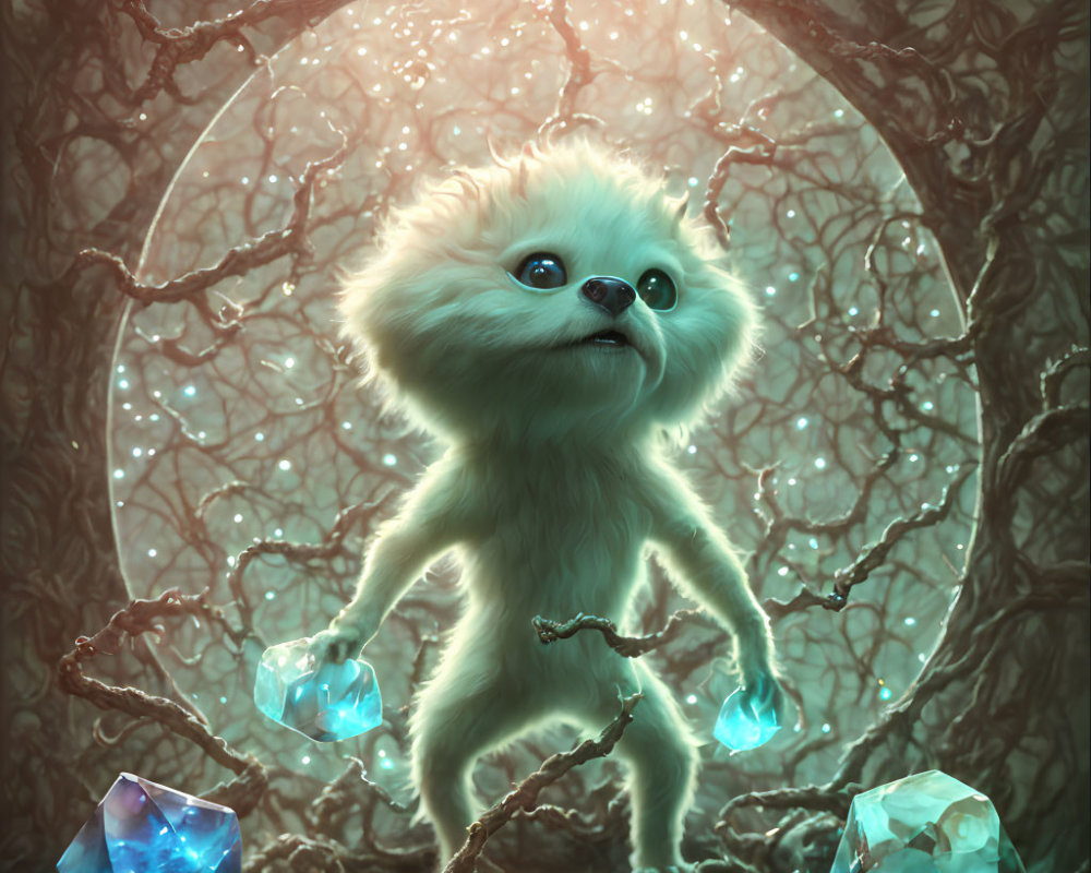 Fluffy creature with blue crystals in enchanted forest