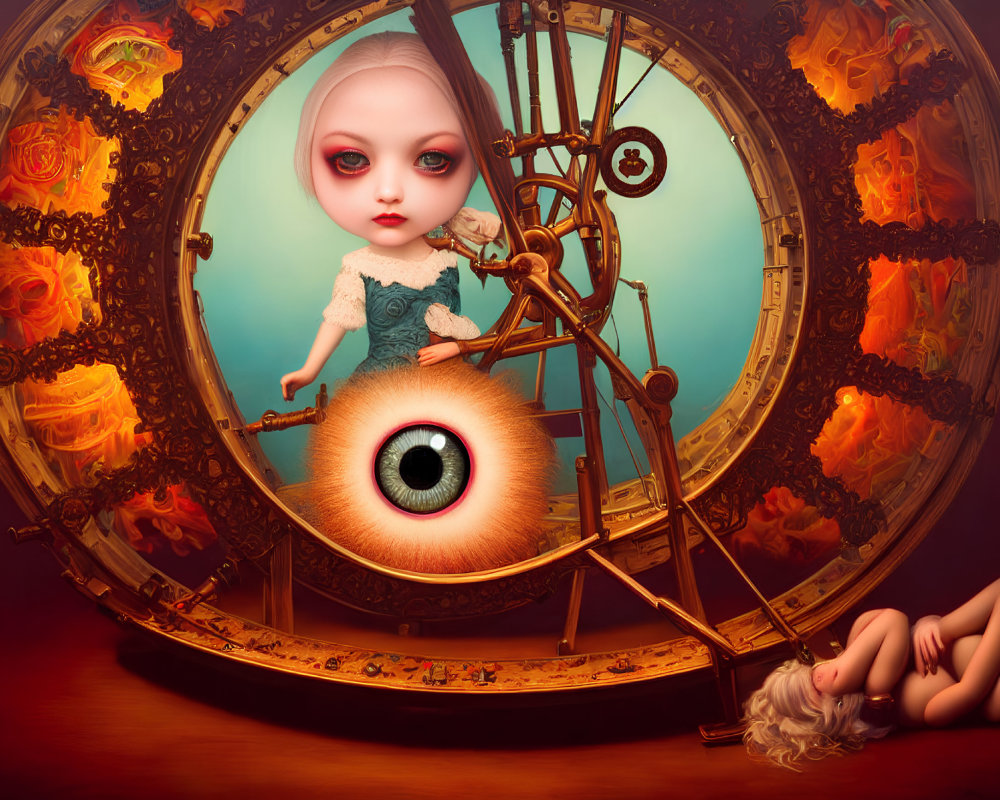 Surreal artwork: Large eye in clock with gears, flames, doll figure & detached hand