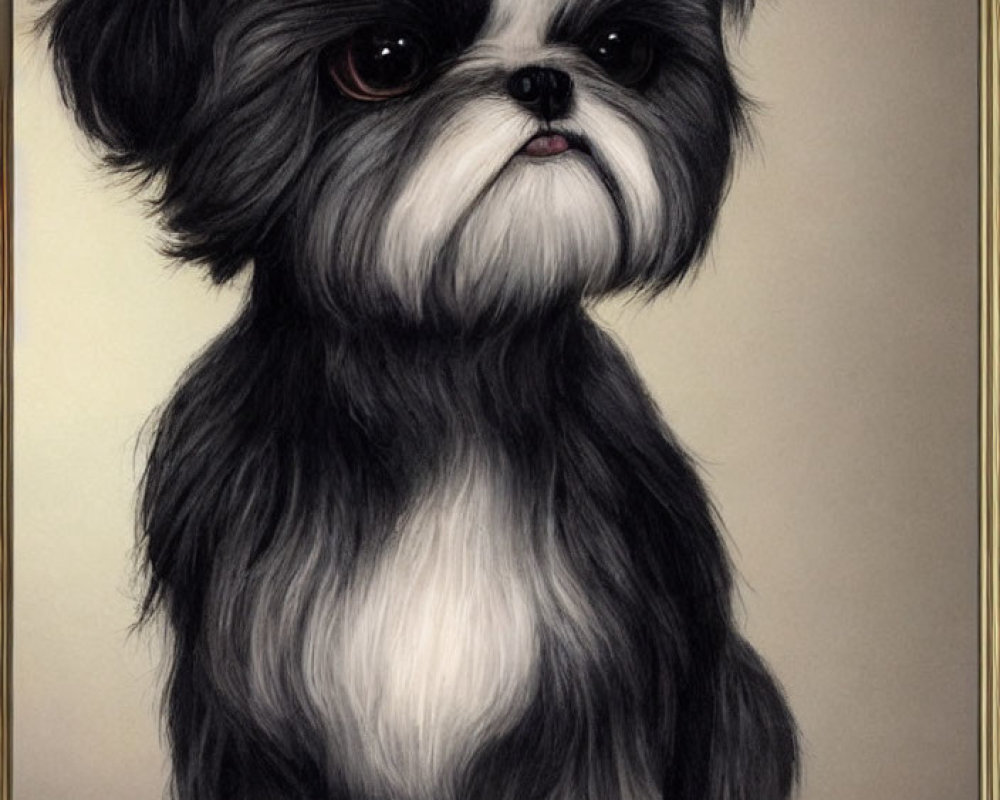 Fluffy black and white Shih Tzu puppy illustration on neutral background