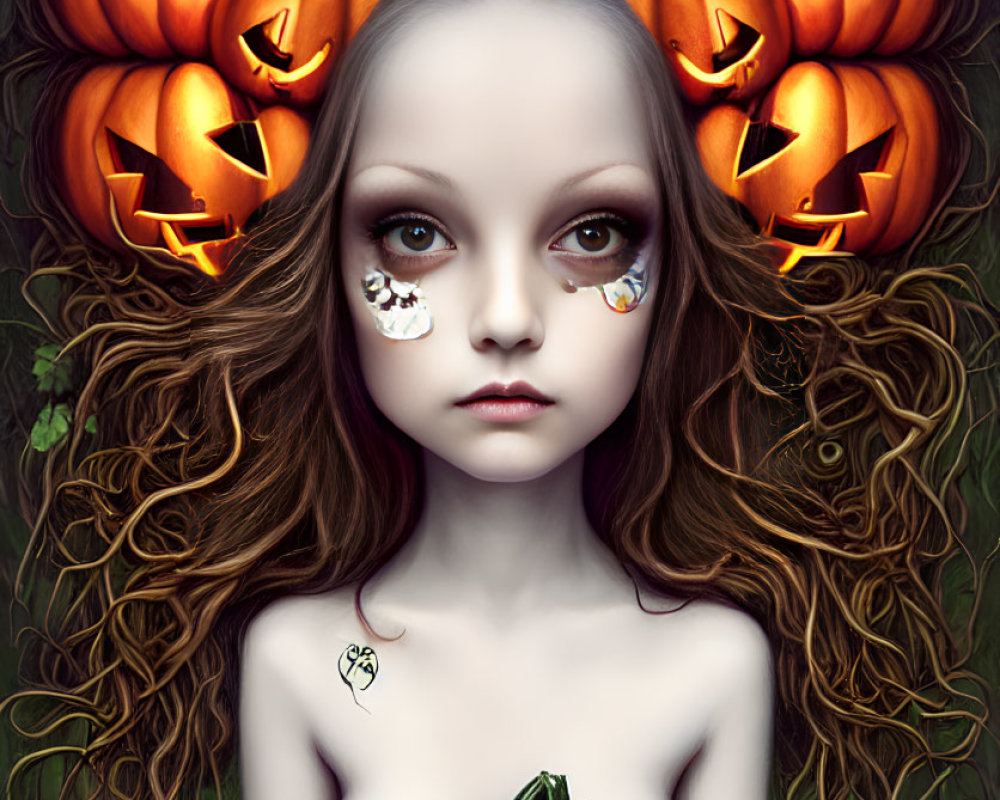 Pale-skinned girl with large eyes and wavy hair surrounded by carved pumpkins.