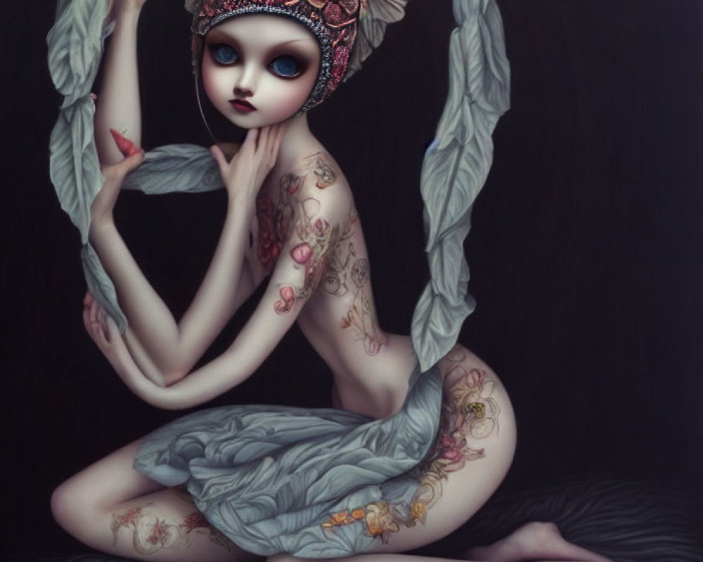 Seated female figure with decorative headpiece and tattoos in surreal illustration