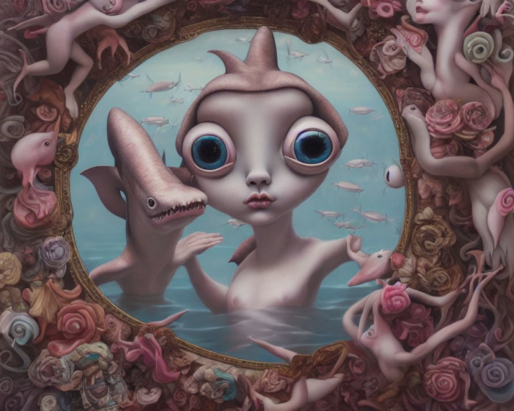 Surreal wide-eyed character with shark and odd creatures in underwater scene