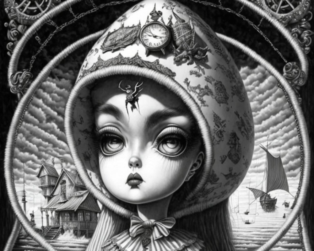 Monochrome surreal helmet illustration with wide-eyed girl and clock, gears, houses, ship against cloud backdrop