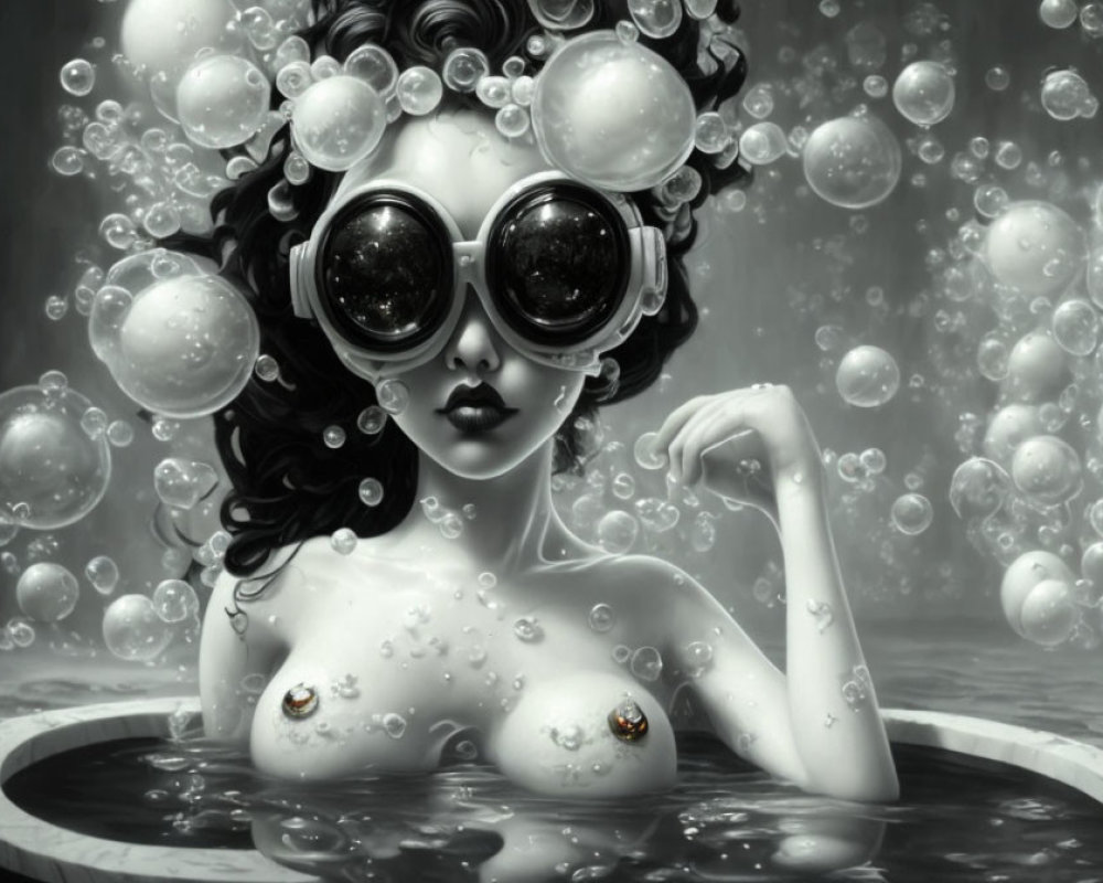 Monochrome image of person with goggles, bubbles, ladybug, and water scene