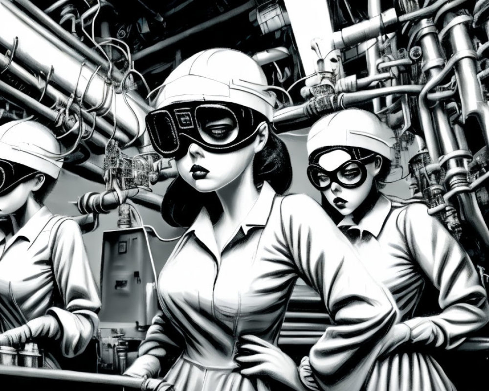 Monochrome illustration of two women with goggles in industrial setting